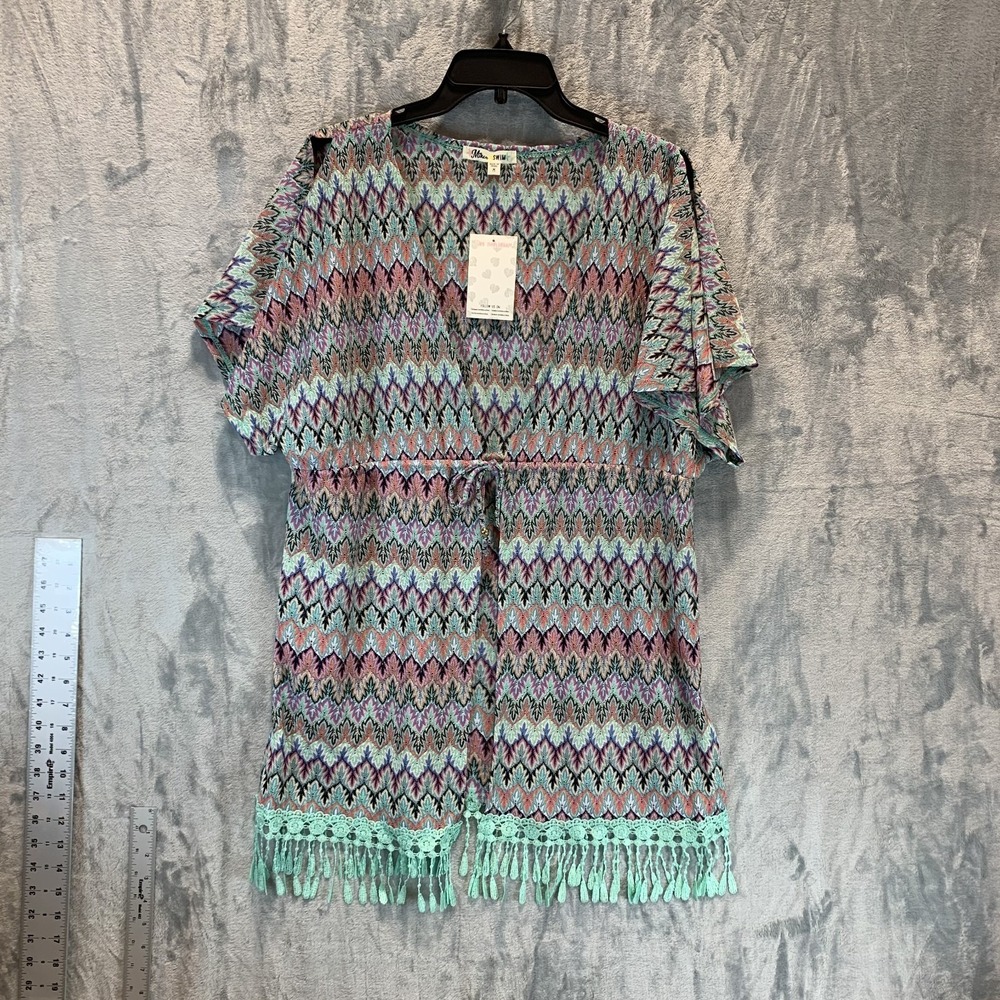 Miken Women's Swim Cover Up Kimono Chevron Knit Metallic M‎ Fringe Tie Crochet